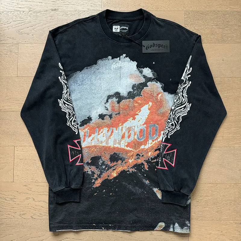 1107# P160 Washed Black Real Shot Godspeed American Fashion Rock Street Retro Washed Distressed Printed Pure Cotton Short Sleeves Fabric: 270g 32 Count Fine Cotton Double Yarn Pure Cotton Color: Washed Black Size: S M L XL