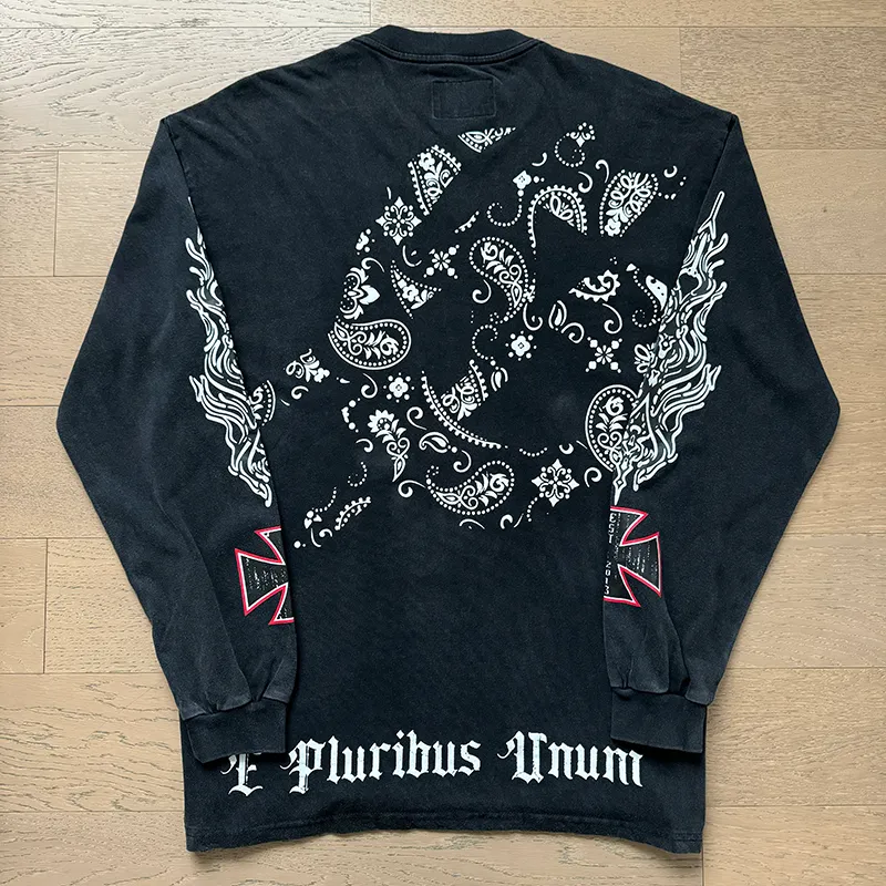 1107# P160 Washed Black Real Shot Godspeed American Fashion Rock Street Retro Washed Distressed Printed Pure Cotton Short Sleeves Fabric: 270g 32 Count Fine Cotton Double Yarn Pure Cotton Color: Washed Black Size: S M L XL
