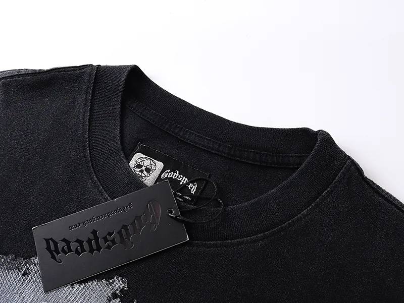 1107# P160 Washed Black Real Shot Godspeed American Fashion Rock Street Retro Washed Distressed Printed Pure Cotton Short Sleeves Fabric: 270g 32 Count Fine Cotton Double Yarn Pure Cotton Color: Washed Black Size: S M L XL