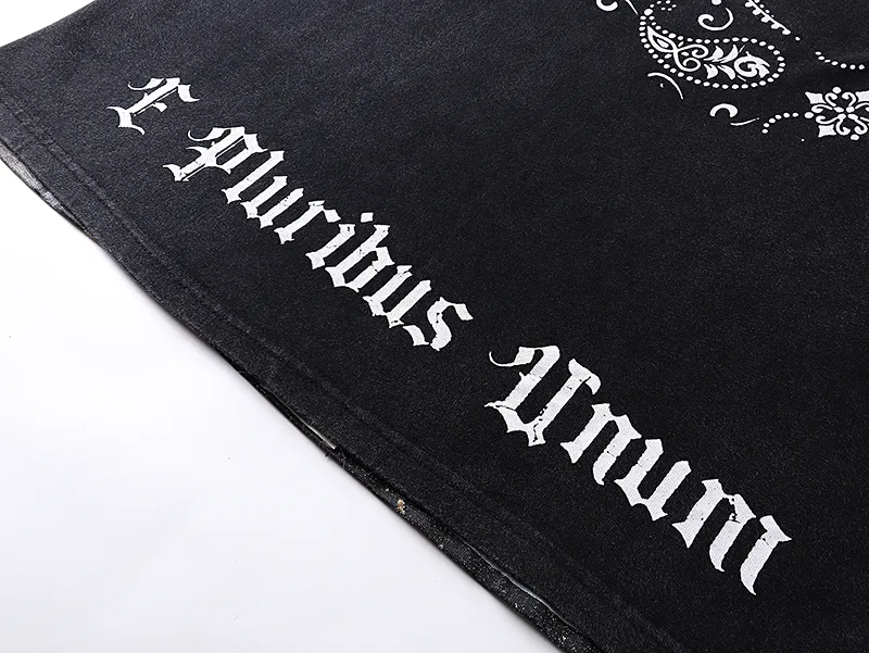 1107# P160 Washed Black Real Shot Godspeed American Fashion Rock Street Retro Washed Distressed Printed Pure Cotton Short Sleeves Fabric: 270g 32 Count Fine Cotton Double Yarn Pure Cotton Color: Washed Black Size: S M L XL