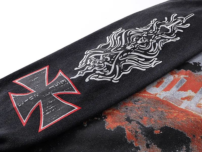 1107# P160 Washed Black Real Shot Godspeed American Fashion Rock Street Retro Washed Distressed Printed Pure Cotton Short Sleeves Fabric: 270g 32 Count Fine Cotton Double Yarn Pure Cotton Color: Washed Black Size: S M L XL