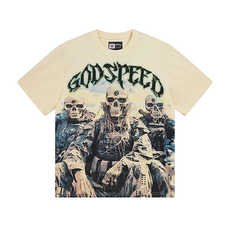 3032# P110 Real shot Godspeed American fashion rock street retro loose printed cotton short sleeves Fabric: 240g 32 count fine cotton double yarn pure cotton Color: apricot Size: S M L XL