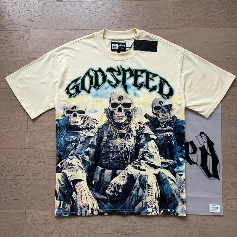 3032# P110 Real shot Godspeed American fashion rock street retro loose printed cotton short sleeves Fabric: 240g 32 count fine cotton double yarn pure cotton Color: apricot Size: S M L XL