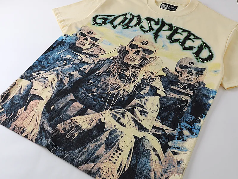 3032# P110 Real shot Godspeed American fashion rock street retro loose printed cotton short sleeves Fabric: 240g 32 count fine cotton double yarn pure cotton Color: apricot Size: S M L XL