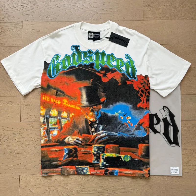 3013# P110 Real shot Godspeed American fashion rock street retro loose printed cotton short sleeves Fabric: 240g 32 count fine cotton double yarn pure cotton Color: off-white Size: S M L XL