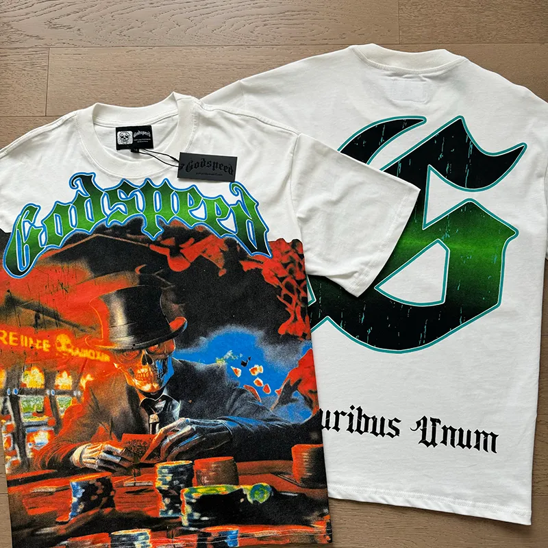 3013# P110 Real shot Godspeed American fashion rock street retro loose printed cotton short sleeves Fabric: 240g 32 count fine cotton double yarn pure cotton Color: off-white Size: S M L XL