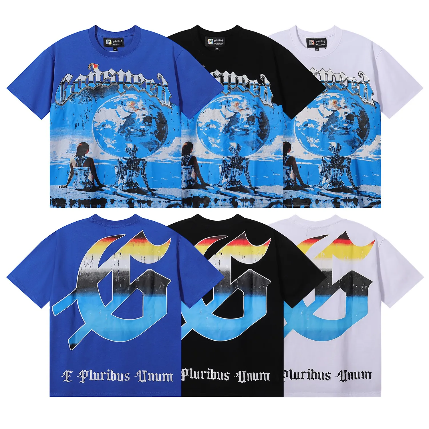 No. 7008, Mechao Godspeed technology human earth printed high weight double yarn pure cotton casual short-sleeved T-shirt batch 110 Color: black, white, blue; Size: S M L XL