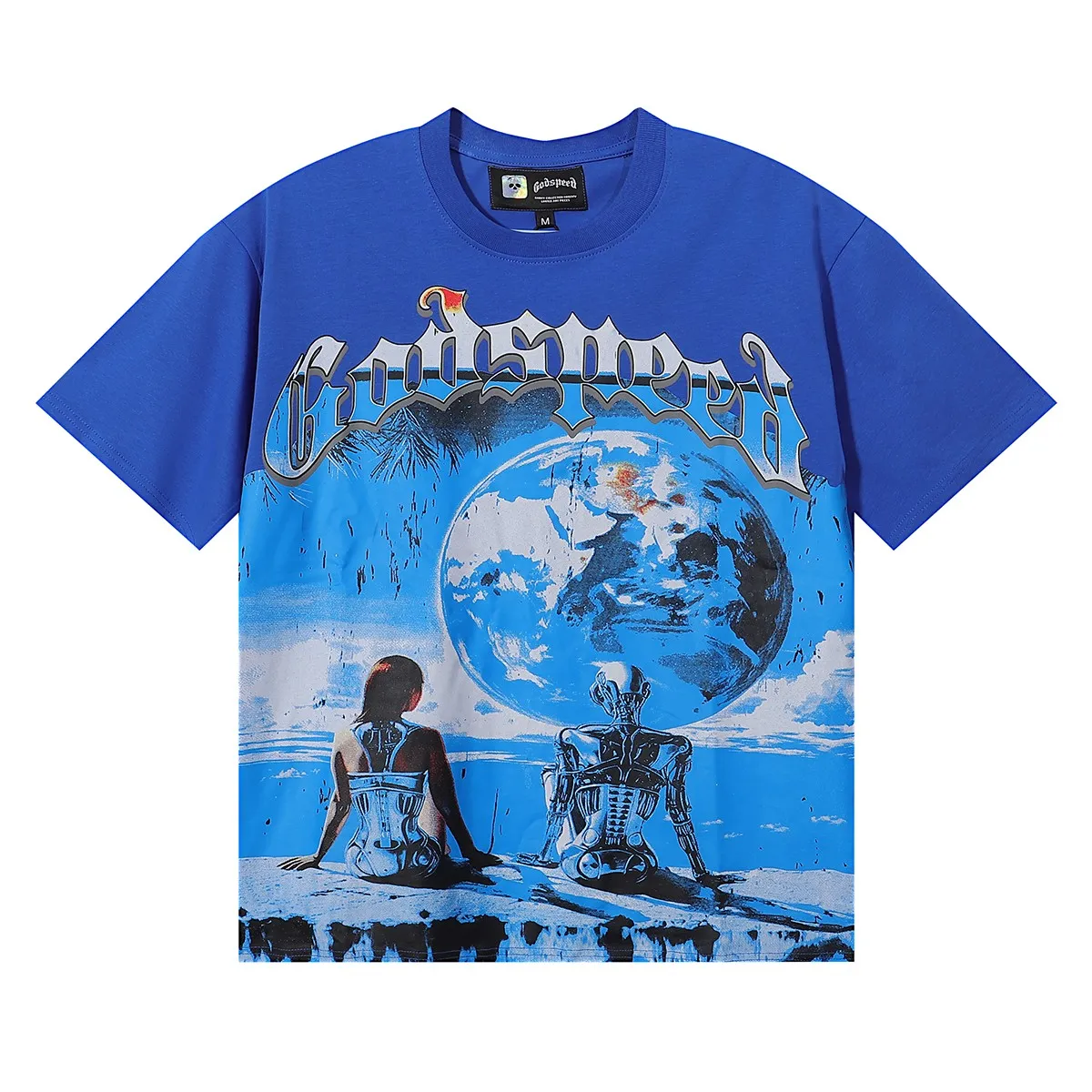 No. 7008, Mechao Godspeed technology human earth printed high weight double yarn pure cotton casual short-sleeved T-shirt batch 110 Color: black, white, blue; Size: S M L XL