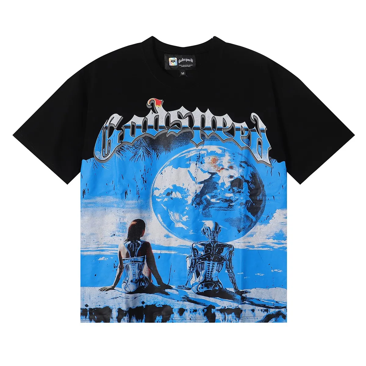 No. 7008, Mechao Godspeed technology human earth printed high weight double yarn pure cotton casual short-sleeved T-shirt batch 110 Color: black, white, blue; Size: S M L XL