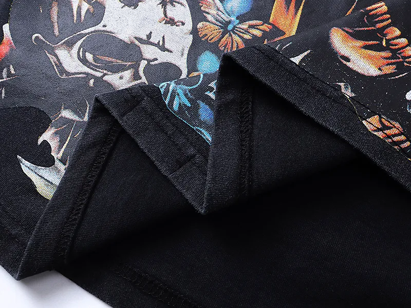 1001# P126 Washed Black Real Shot Godspeed American Fashion Rock Street Retro Washed Distressed Printed Cotton Short Sleeves Fabric: 250g 32 Count Fine Cotton Double Yarn Pure Cotton Color: Washed Black Size: S M L XL