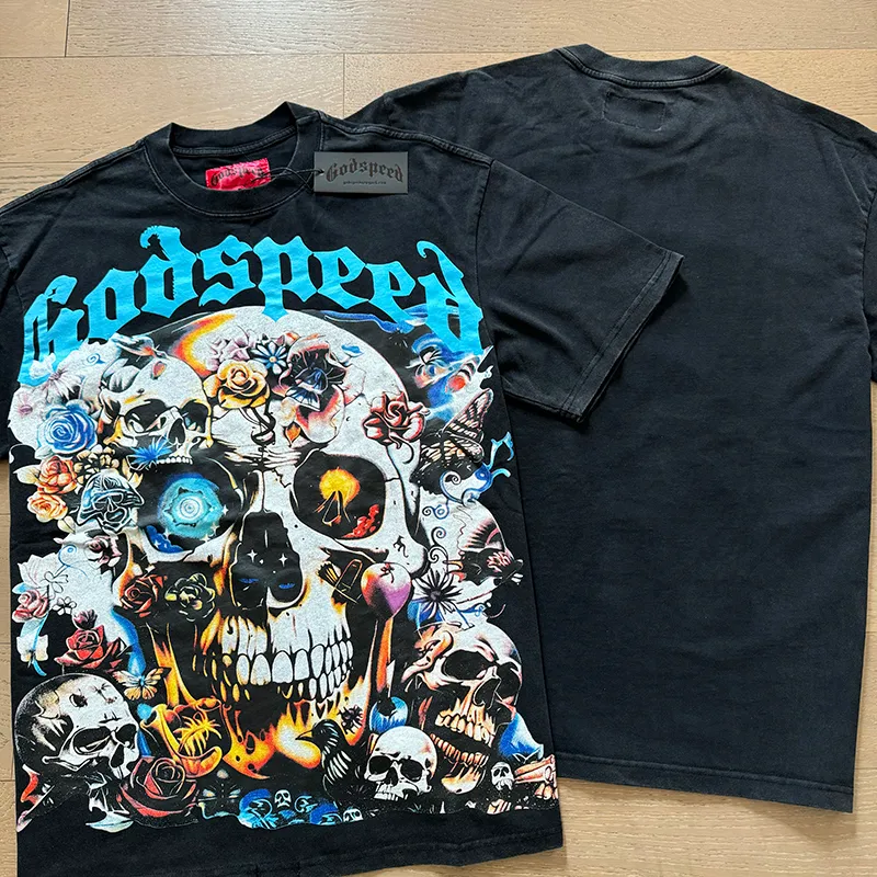 1001# P126 Washed Black Real Shot Godspeed American Fashion Rock Street Retro Washed Distressed Printed Cotton Short Sleeves Fabric: 250g 32 Count Fine Cotton Double Yarn Pure Cotton Color: Washed Black Size: S M L XL