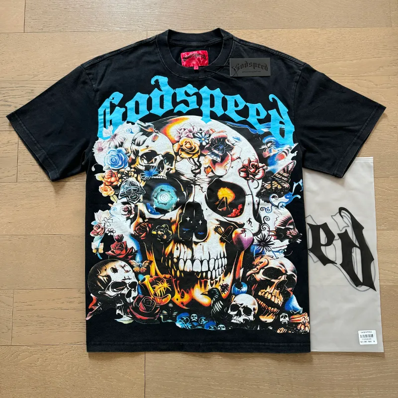 1001# P126 Washed Black Real Shot Godspeed American Fashion Rock Street Retro Washed Distressed Printed Cotton Short Sleeves Fabric: 250g 32 Count Fine Cotton Double Yarn Pure Cotton Color: Washed Black Size: S M L XL