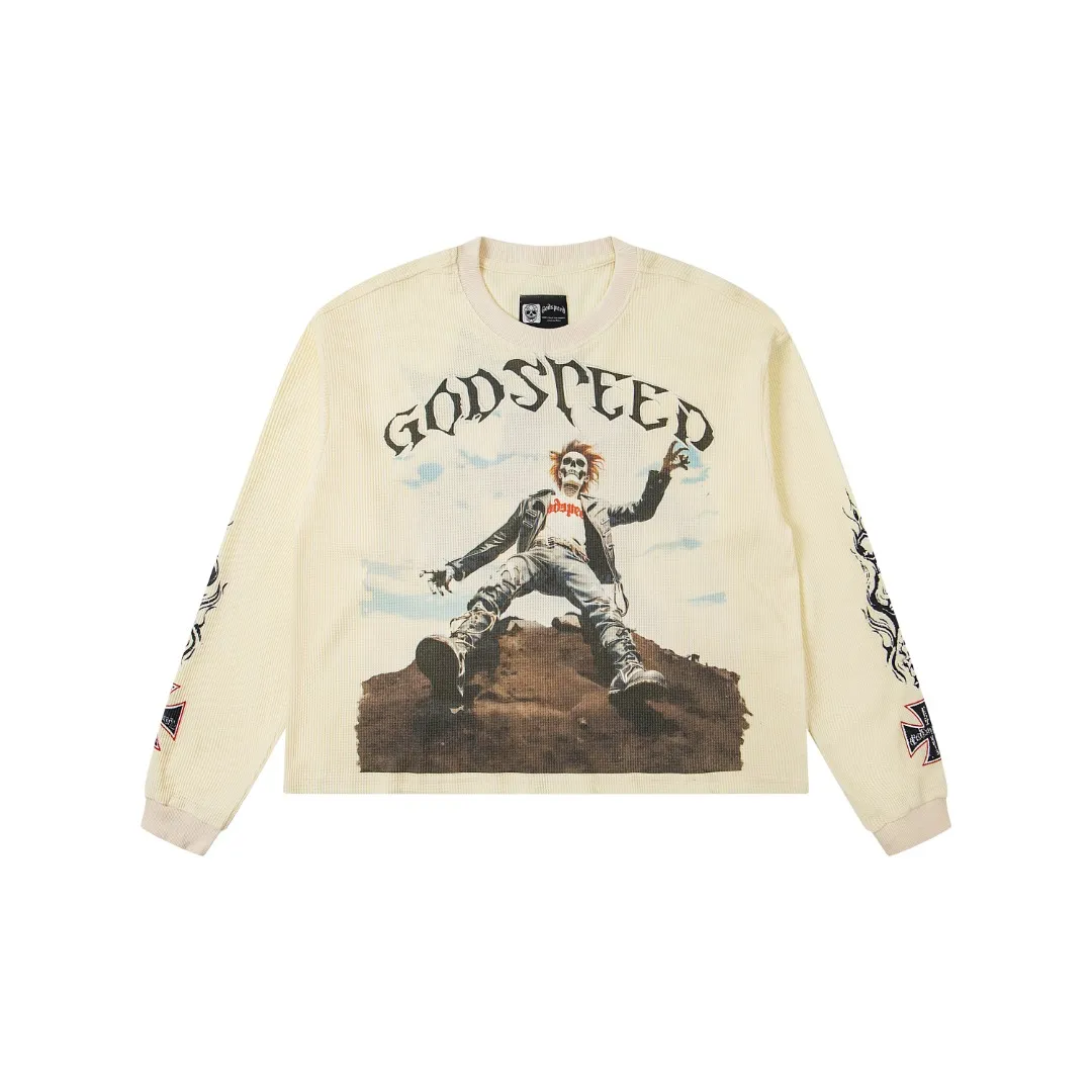 G10# GodSpeed ​​white ink direct spray long-sleeved waffle S-XL washed black P186 apricot P176