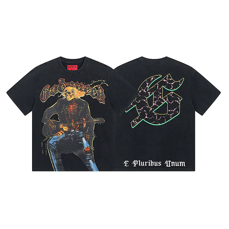 1008# P126 Washed Black Real Shot Godspeed American Fashion Rock Street Retro Washed Distressed Printed Pure Cotton Short Sleeves Fabric: 250g 32 Count Fine Cotton Double Yarn Pure Cotton Color: Washed Black Size: S M L XL