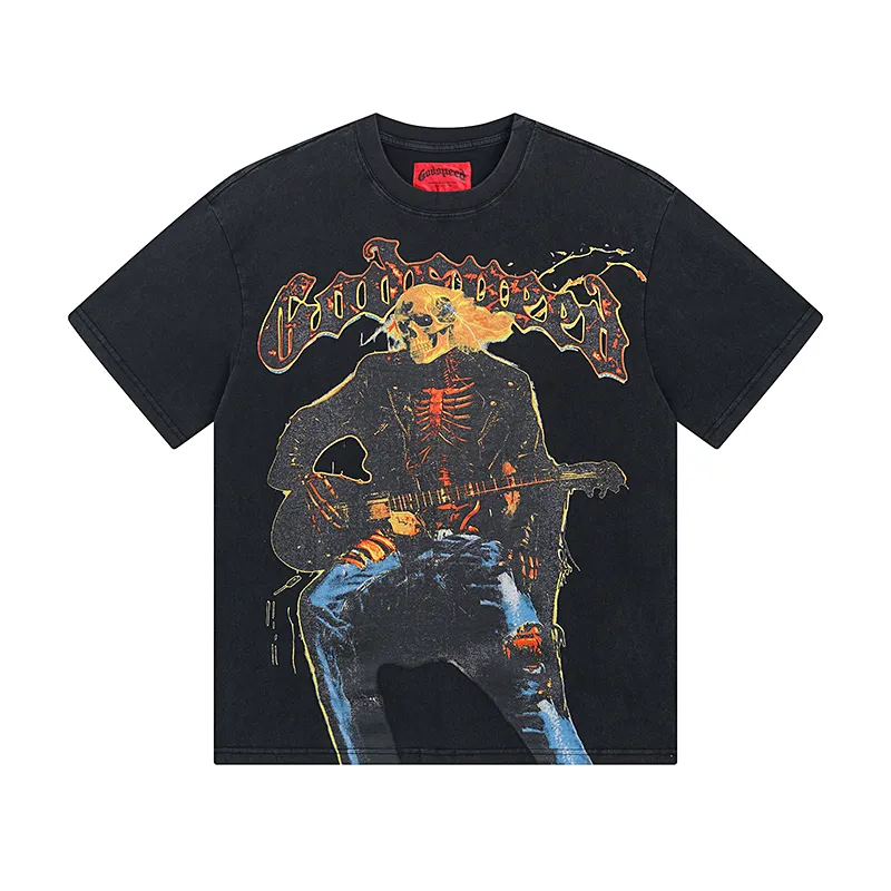 1008# P126 Washed Black Real Shot Godspeed American Fashion Rock Street Retro Washed Distressed Printed Pure Cotton Short Sleeves Fabric: 250g 32 Count Fine Cotton Double Yarn Pure Cotton Color: Washed Black Size: S M L XL