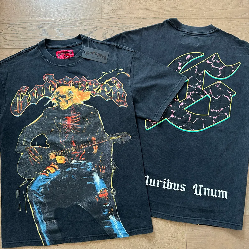 1008# P126 Washed Black Real Shot Godspeed American Fashion Rock Street Retro Washed Distressed Printed Pure Cotton Short Sleeves Fabric: 250g 32 Count Fine Cotton Double Yarn Pure Cotton Color: Washed Black Size: S M L XL