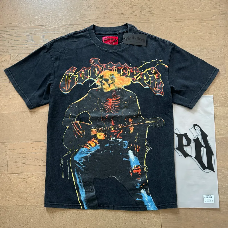 1008# P126 Washed Black Real Shot Godspeed American Fashion Rock Street Retro Washed Distressed Printed Pure Cotton Short Sleeves Fabric: 250g 32 Count Fine Cotton Double Yarn Pure Cotton Color: Washed Black Size: S M L XL