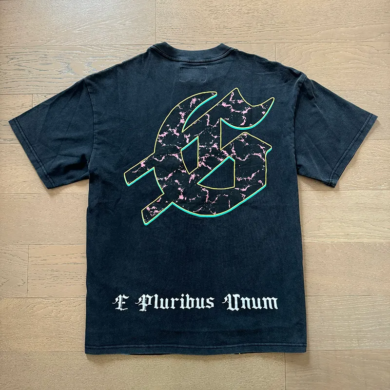 1008# P126 Washed Black Real Shot Godspeed American Fashion Rock Street Retro Washed Distressed Printed Pure Cotton Short Sleeves Fabric: 250g 32 Count Fine Cotton Double Yarn Pure Cotton Color: Washed Black Size: S M L XL