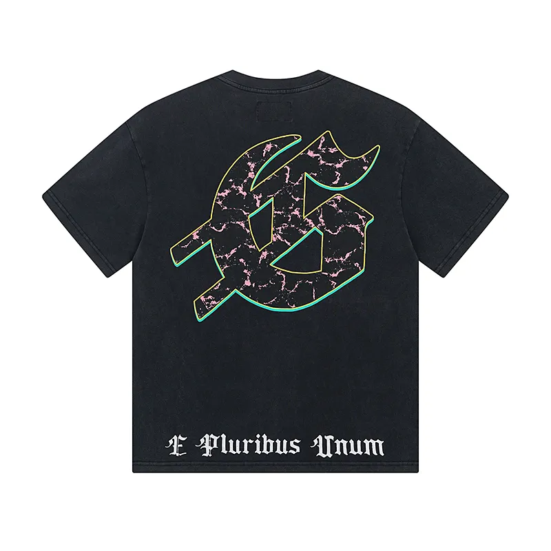 1008# P126 Washed Black Real Shot Godspeed American Fashion Rock Street Retro Washed Distressed Printed Pure Cotton Short Sleeves Fabric: 250g 32 Count Fine Cotton Double Yarn Pure Cotton Color: Washed Black Size: S M L XL