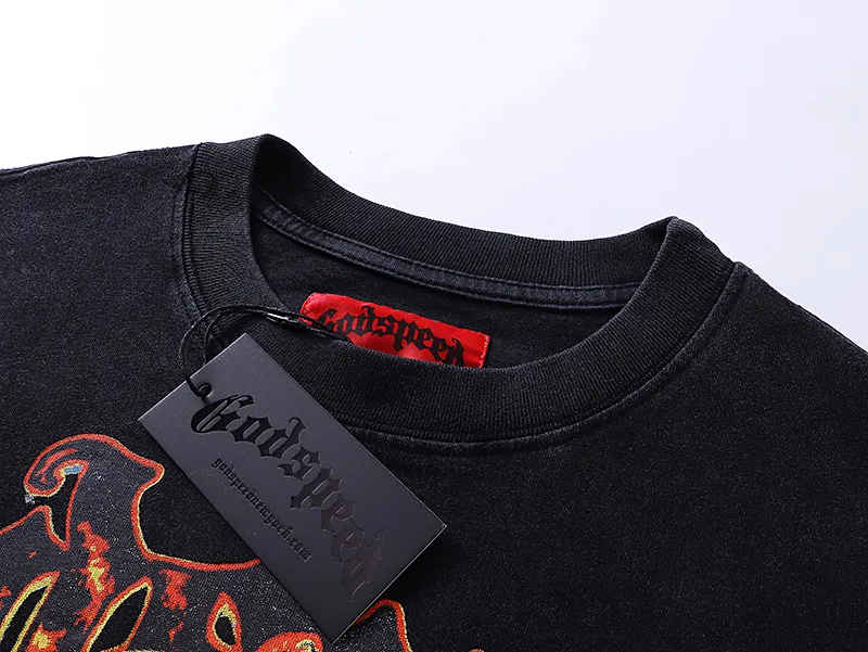 1008# P126 Washed Black Real Shot Godspeed American Fashion Rock Street Retro Washed Distressed Printed Pure Cotton Short Sleeves Fabric: 250g 32 Count Fine Cotton Double Yarn Pure Cotton Color: Washed Black Size: S M L XL