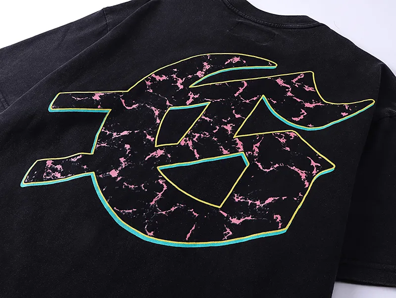1008# P126 Washed Black Real Shot Godspeed American Fashion Rock Street Retro Washed Distressed Printed Pure Cotton Short Sleeves Fabric: 250g 32 Count Fine Cotton Double Yarn Pure Cotton Color: Washed Black Size: S M L XL