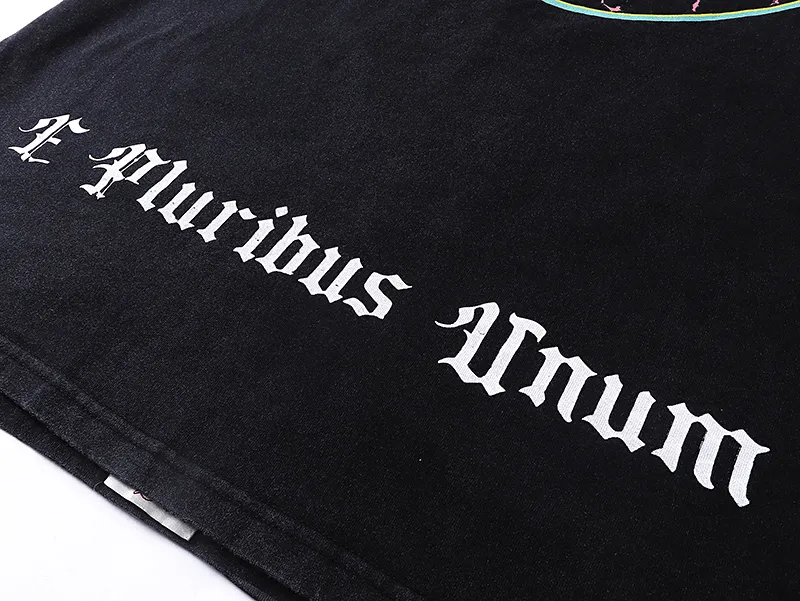 1008# P126 Washed Black Real Shot Godspeed American Fashion Rock Street Retro Washed Distressed Printed Pure Cotton Short Sleeves Fabric: 250g 32 Count Fine Cotton Double Yarn Pure Cotton Color: Washed Black Size: S M L XL