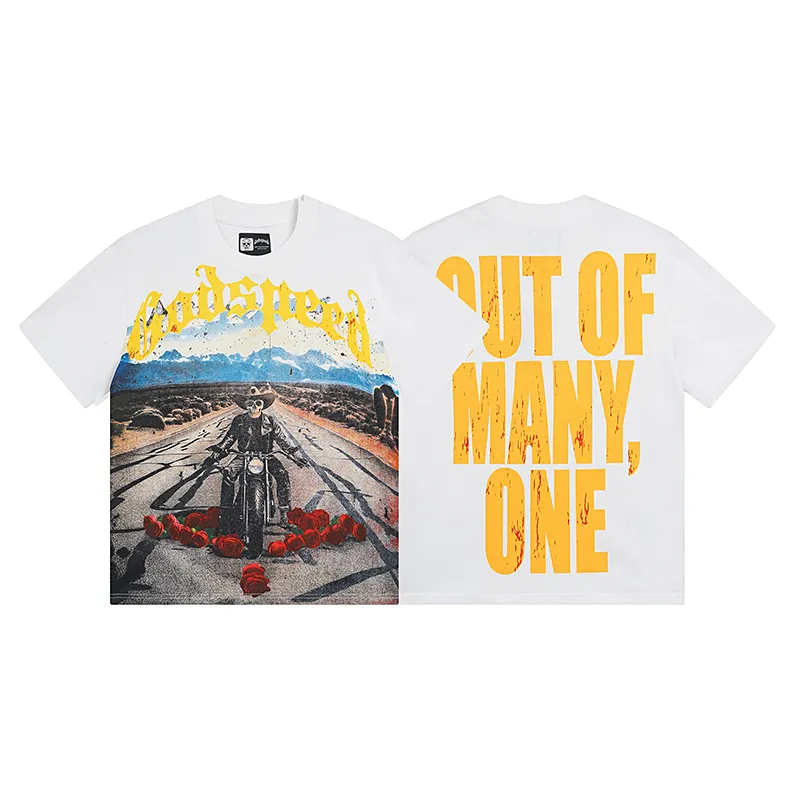 3011# P110 Real shot Godspeed American fashion rock street retro loose printed cotton short sleeves Fabric: 240g 32 count fine cotton double yarn pure cotton Color: off-white Size: S M L XL