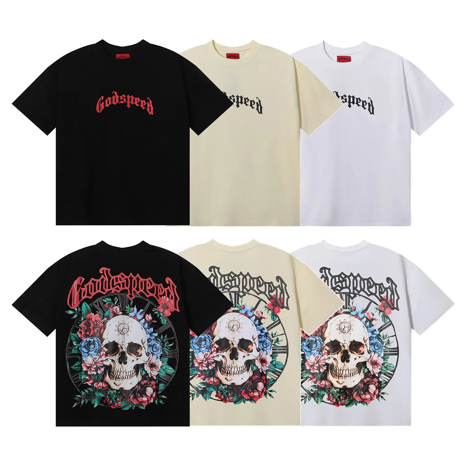 No. 7022, American trendy brand Godspeed skull rose clock dial printing high quality double yarn pure cotton casual short-sleeved T-shirt batch 110 Color: black, white, apricot; Size: S M L XL