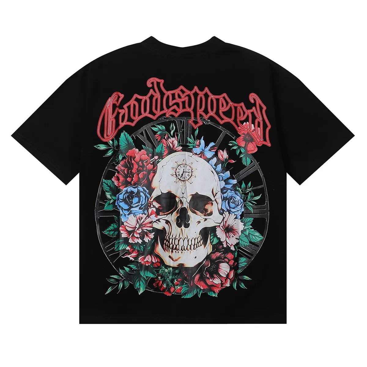 No. 7022, American trendy brand Godspeed skull rose clock dial printing high quality double yarn pure cotton casual short-sleeved T-shirt batch 110 Color: black, white, apricot; Size: S M L XL