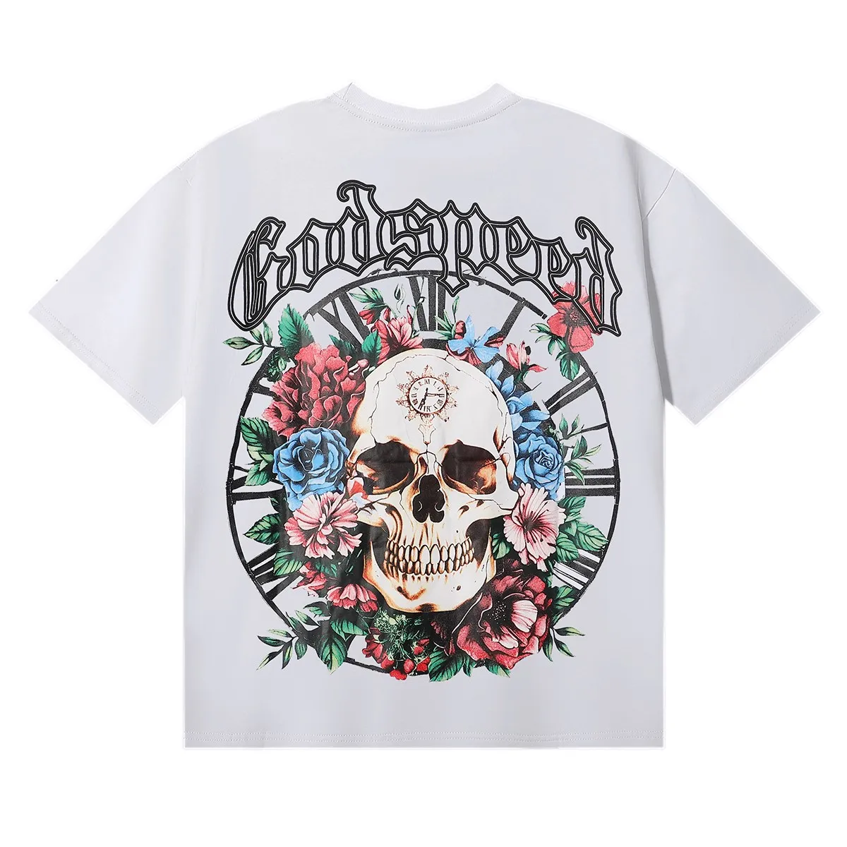 No. 7022, American trendy brand Godspeed skull rose clock dial printing high quality double yarn pure cotton casual short-sleeved T-shirt batch 110 Color: black, white, apricot; Size: S M L XL