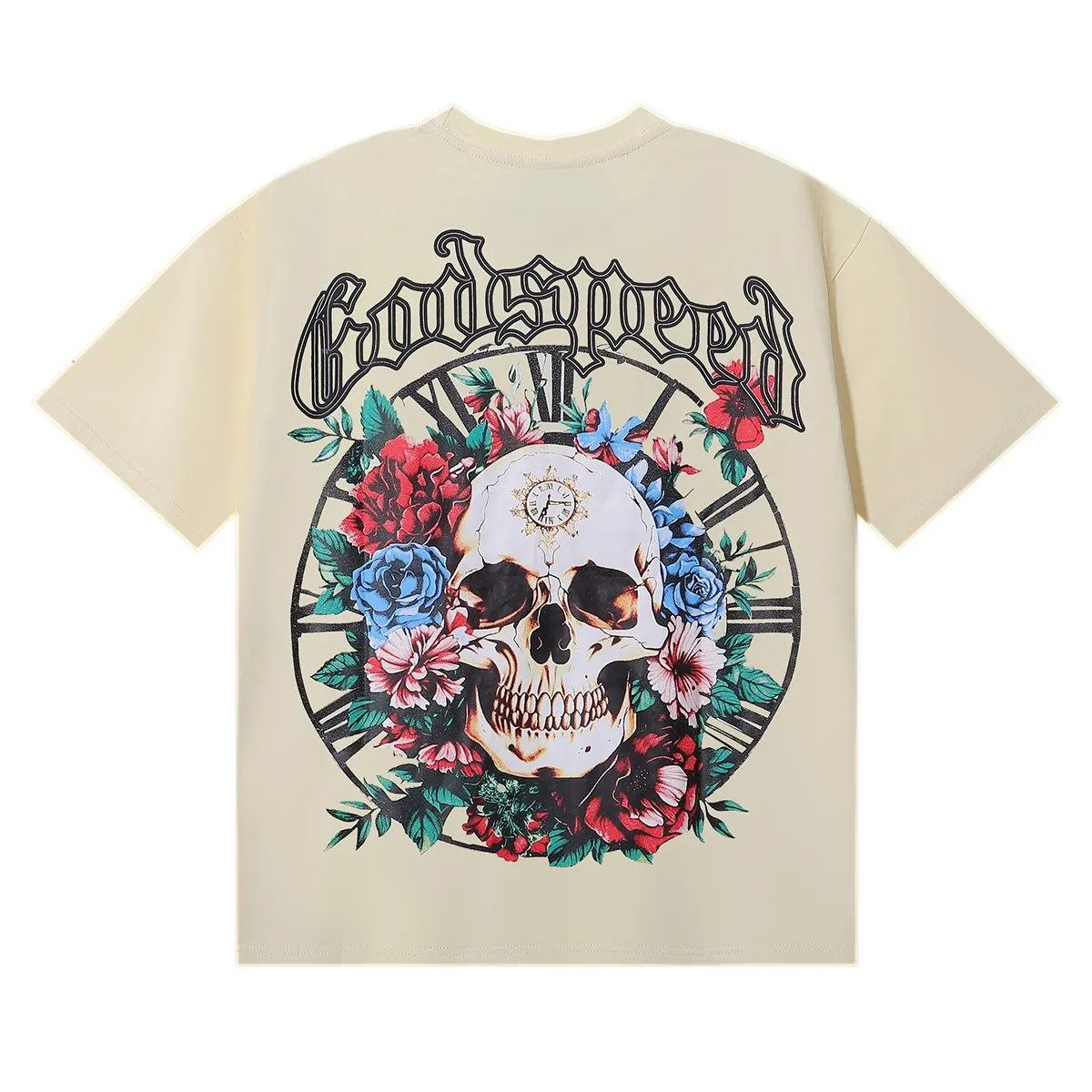 No. 7022, American trendy brand Godspeed skull rose clock dial printing high quality double yarn pure cotton casual short-sleeved T-shirt batch 110 Color: black, white, apricot; Size: S M L XL