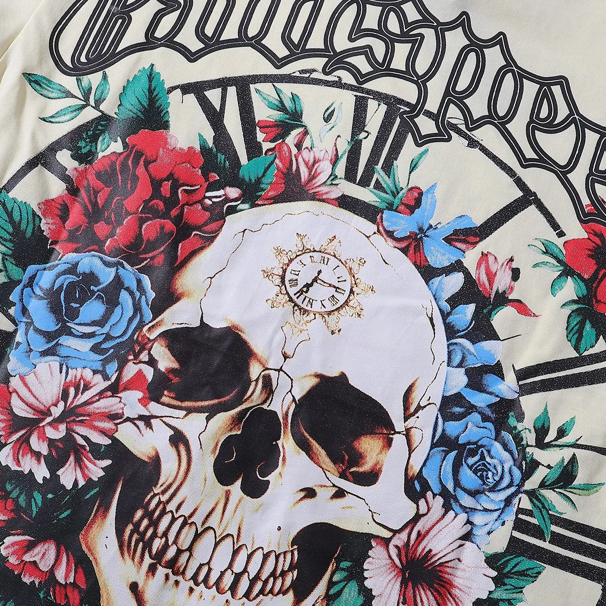No. 7022, American trendy brand Godspeed skull rose clock dial printing high quality double yarn pure cotton casual short-sleeved T-shirt batch 110 Color: black, white, apricot; Size: S M L XL