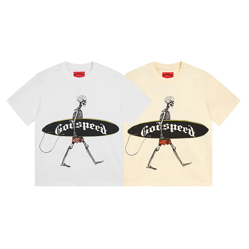 3025# P110 Real shot Godspeed American fashion rock street retro loose printed cotton short sleeves Fabric: 240g 32 count fine cotton double yarn pure cotton Color: off-white apricot Size: S M L XL