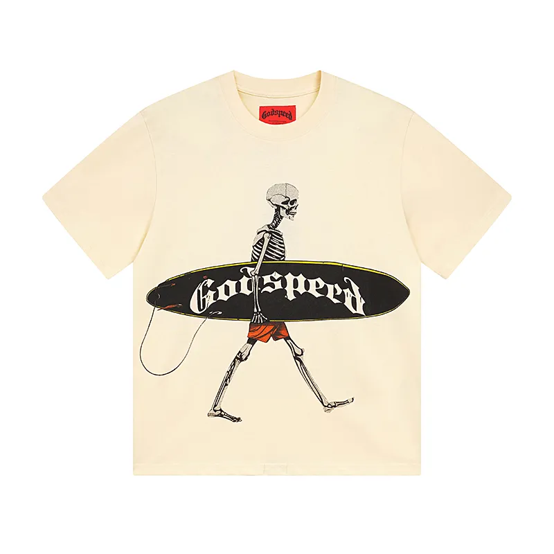 3025# P110 Real shot Godspeed American fashion rock street retro loose printed cotton short sleeves Fabric: 240g 32 count fine cotton double yarn pure cotton Color: off-white apricot Size: S M L XL