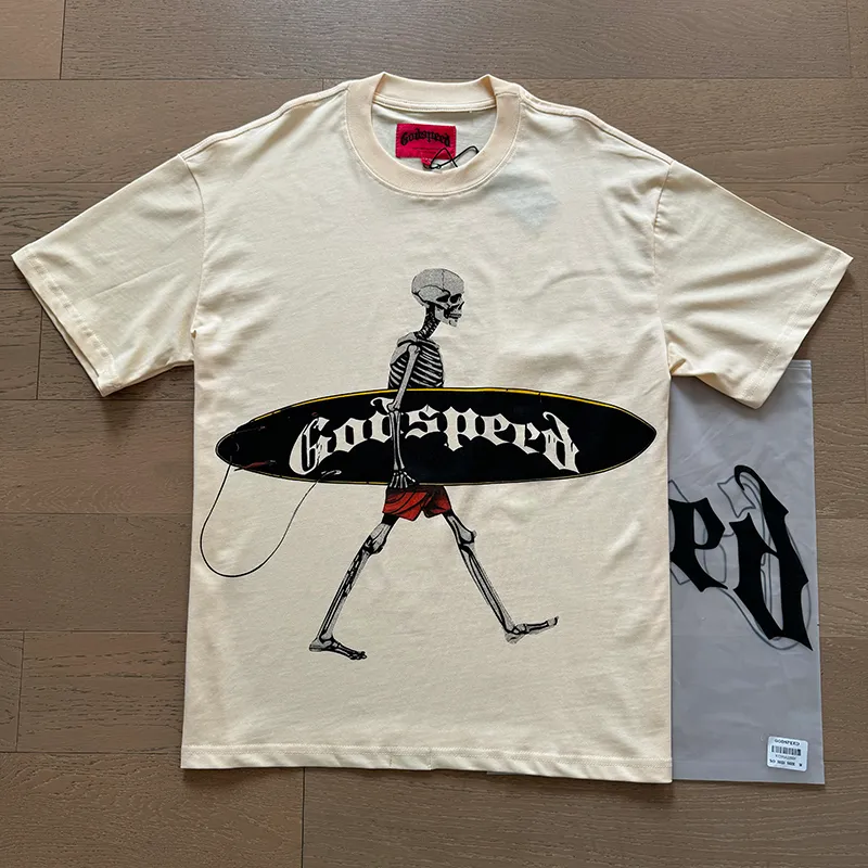 3025# P110 Real shot Godspeed American fashion rock street retro loose printed cotton short sleeves Fabric: 240g 32 count fine cotton double yarn pure cotton Color: off-white apricot Size: S M L XL