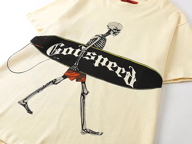 3025# P110 Real shot Godspeed American fashion rock street retro loose printed cotton short sleeves Fabric: 240g 32 count fine cotton double yarn pure cotton Color: off-white apricot Size: S M L XL