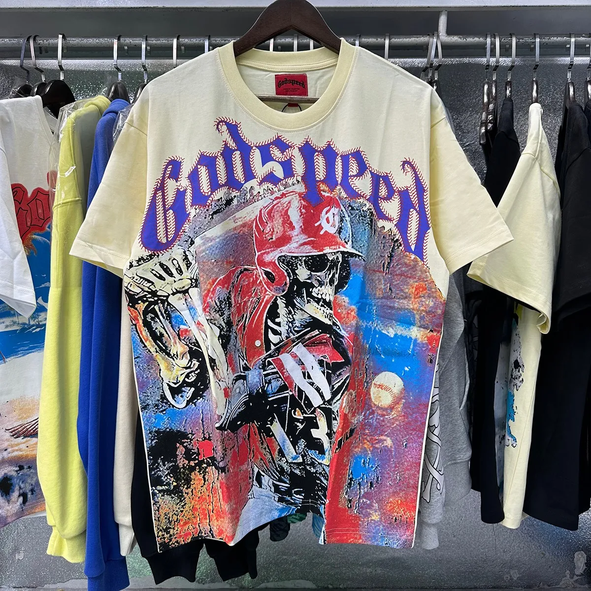 No. 7025, real shot, beautiful Godspeed skull baseball player print high quality double yarn pure cotton casual short-sleeved T-shirt batch 110 Color: black, apricot, blue; Size: S M L XL