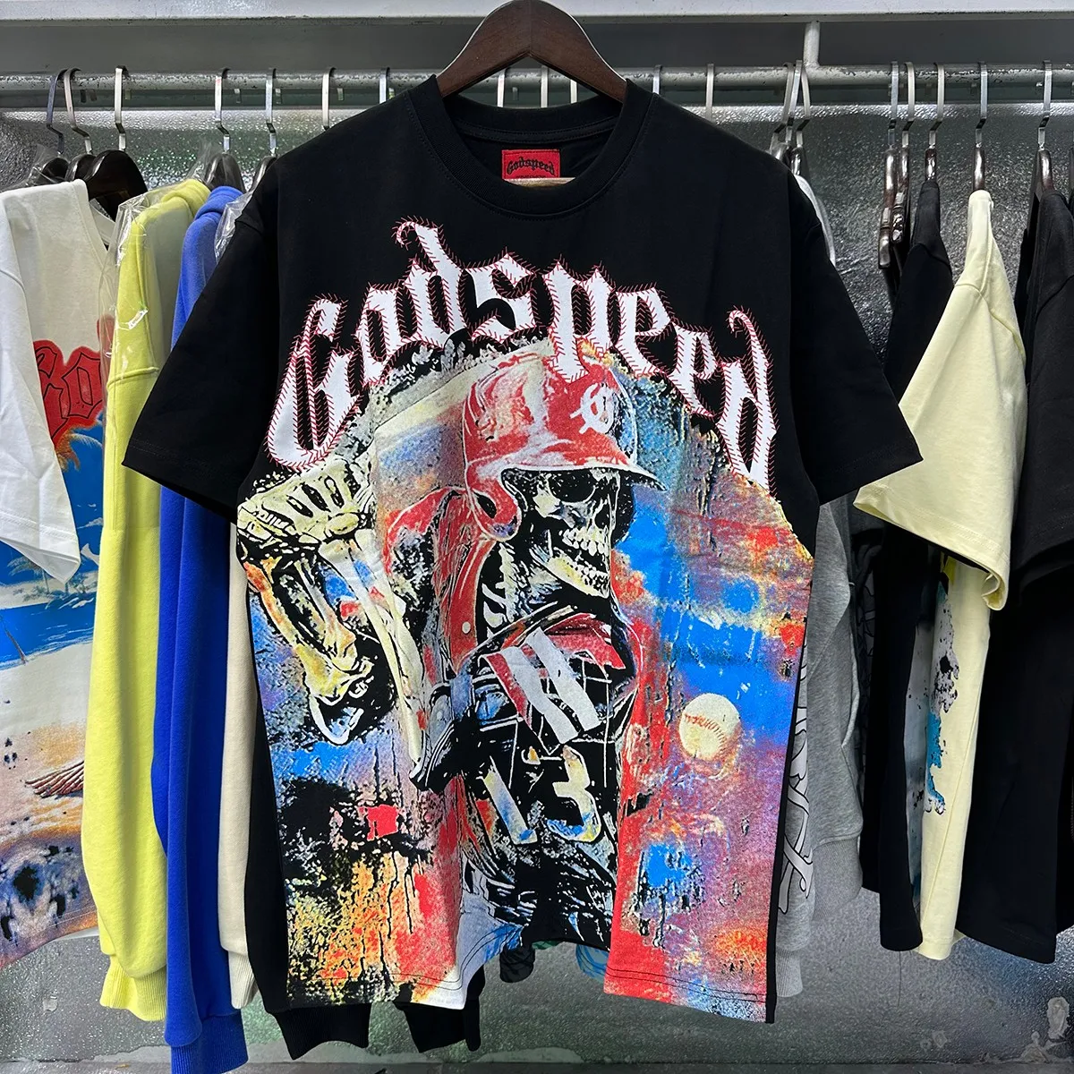 No. 7025, real shot, beautiful Godspeed skull baseball player print high quality double yarn pure cotton casual short-sleeved T-shirt batch 110 Color: black, apricot, blue; Size: S M L XL