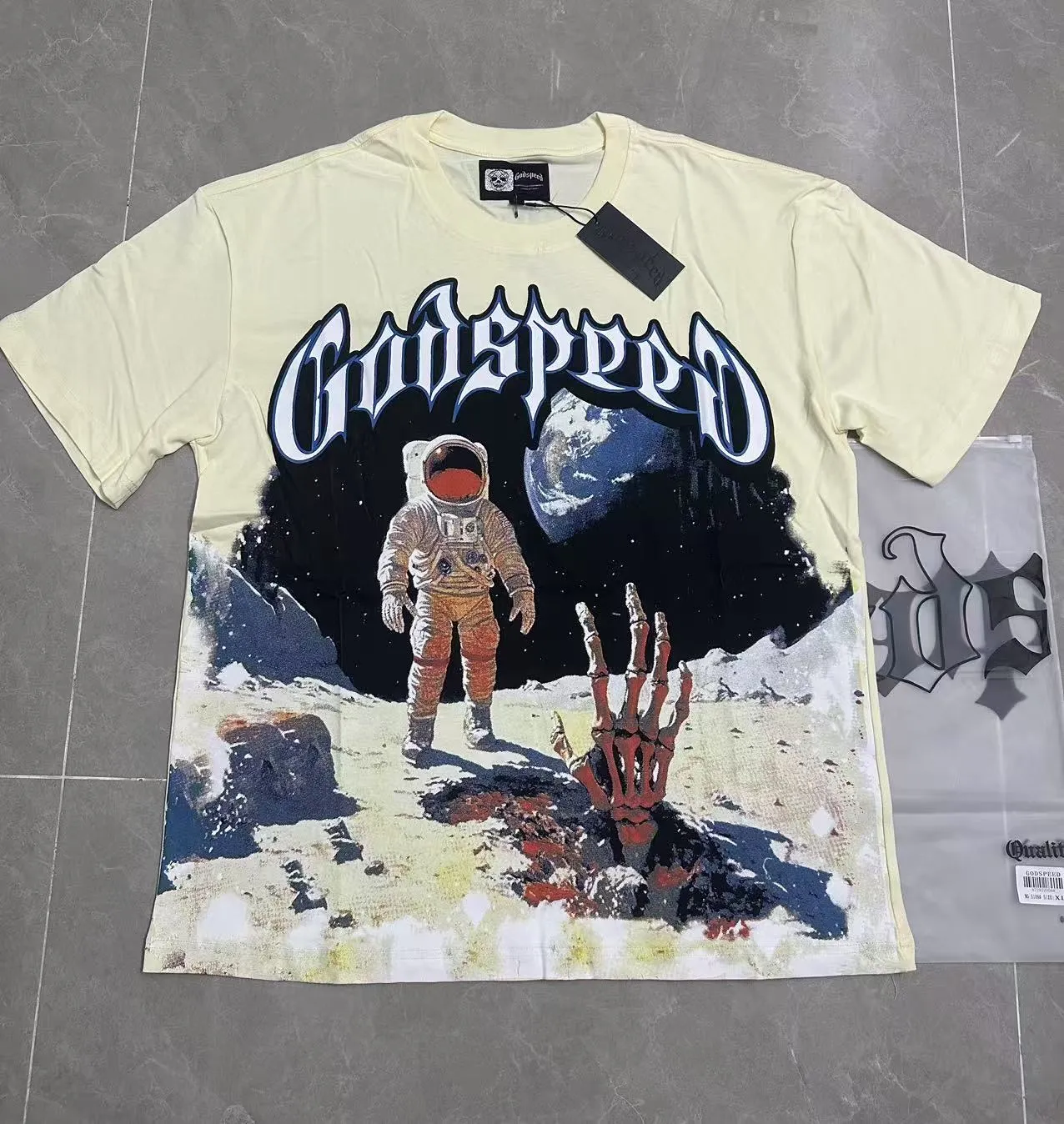 5109#apricot color | P106 Godspeed cross-border American rock and roll street washed retro style short-sleeved T (craft printing) fabric (fabric) 32 counts combed double yarn 240 grams weight code number (size): S-M-L-XL color (colour): apricot