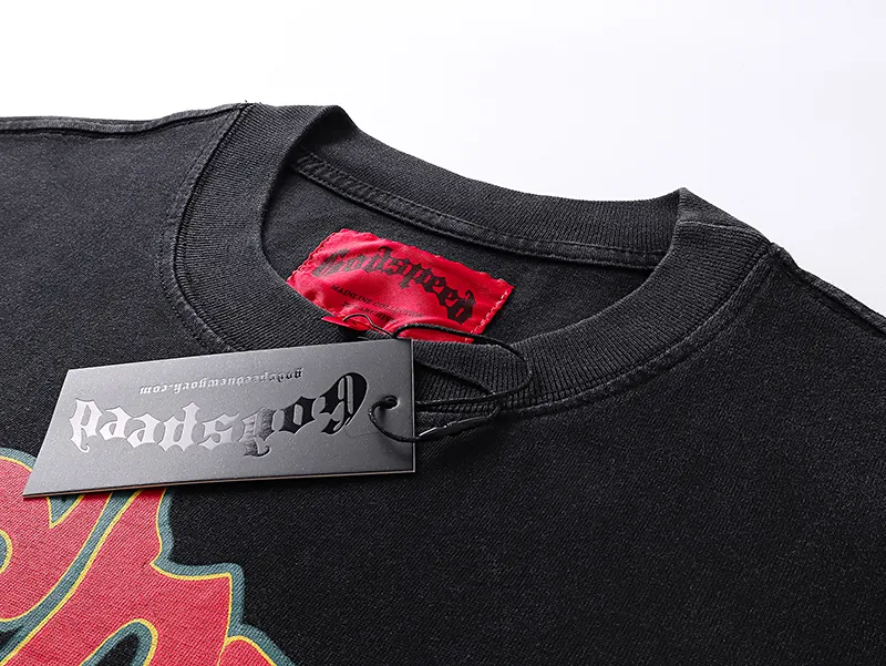 1068# P126 Washed Black Real Shot Godspeed American Fashion Rock Street Retro Washed Distressed Printed Pure Cotton Short Sleeves Fabric: 250g 32 Count Fine Cotton Double Yarn Pure Cotton Color: Washed Black Size: S M L XL
