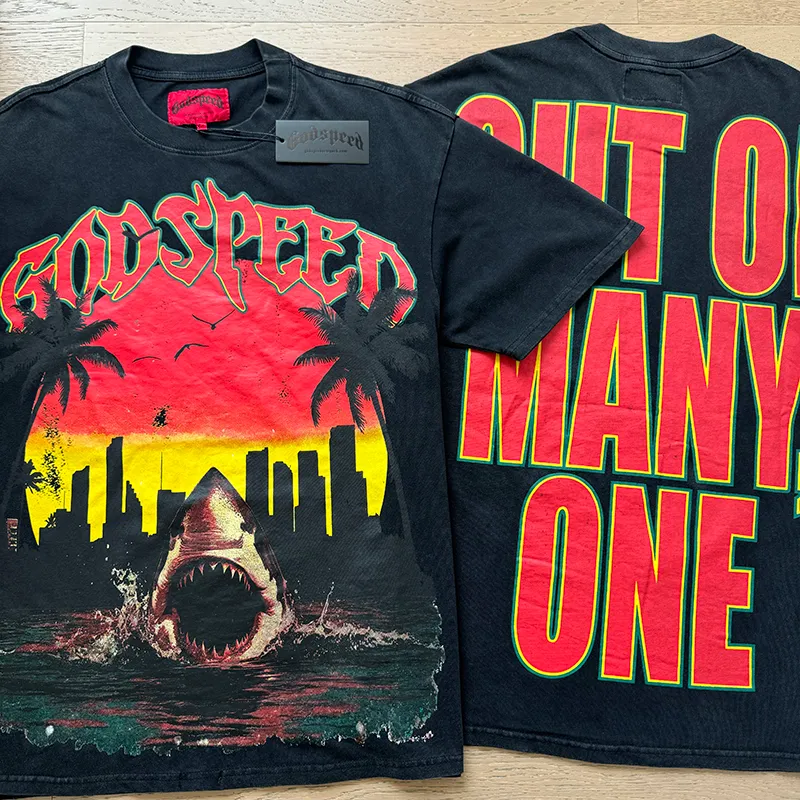 1068# P126 Washed Black Real Shot Godspeed American Fashion Rock Street Retro Washed Distressed Printed Pure Cotton Short Sleeves Fabric: 250g 32 Count Fine Cotton Double Yarn Pure Cotton Color: Washed Black Size: S M L XL