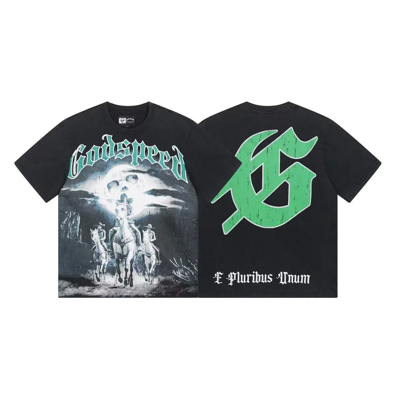 6038#washed black｜P116 Godspeed cross-border American rock and roll street washed retro style short-sleeved T (craft printing) fabric (fabric): 32 count combed double yarn 250g weight size (size): S-M-L-XL color (colour): washed black 👉