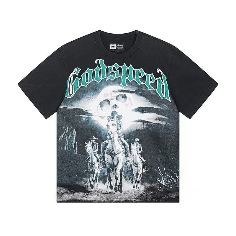 6038#washed black｜P116 Godspeed cross-border American rock and roll street washed retro style short-sleeved T (craft printing) fabric (fabric): 32 count combed double yarn 250g weight size (size): S-M-L-XL color (colour): washed black 👉