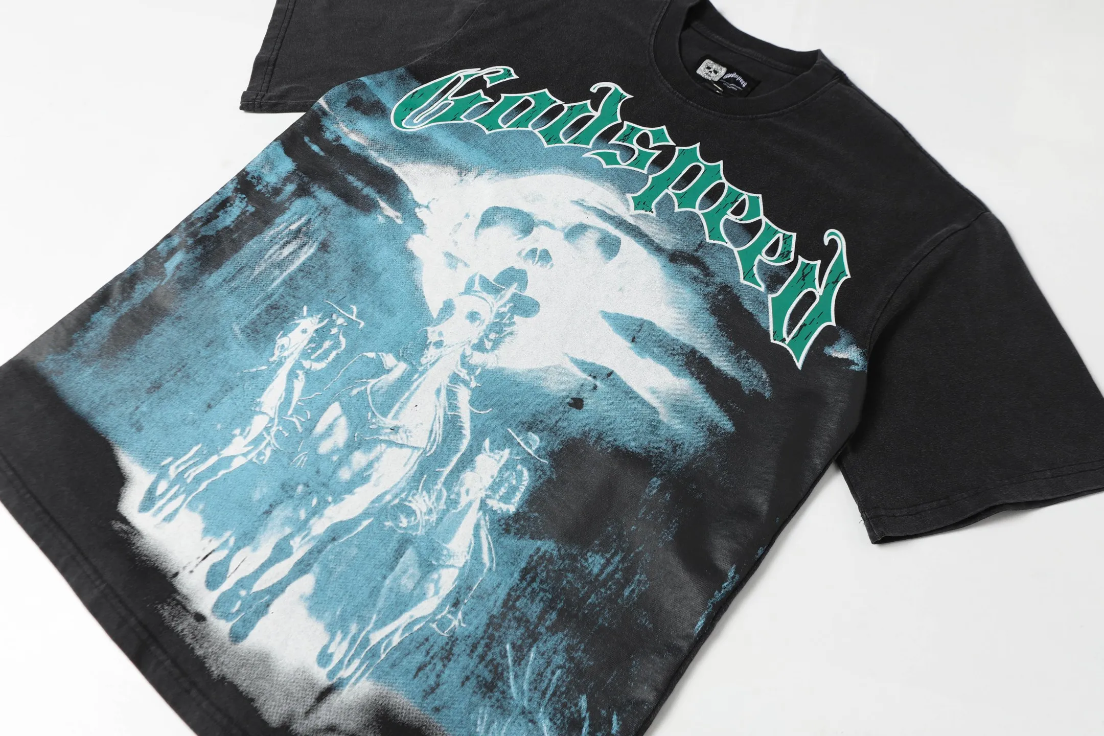 6038#washed black｜P116 Godspeed cross-border American rock and roll street washed retro style short-sleeved T (craft printing) fabric (fabric): 32 count combed double yarn 250g weight size (size): S-M-L-XL color (colour): washed black 👉