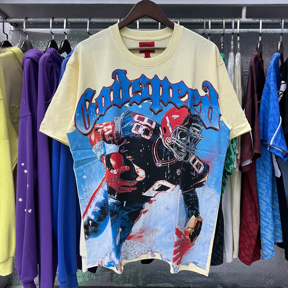 No. 7033, real shot, Mechao Godspeed rugby player printed high-quality double yarn pure cotton casual short-sleeved T-shirt batch 110 Color: black, apricot; Size: S M L XL