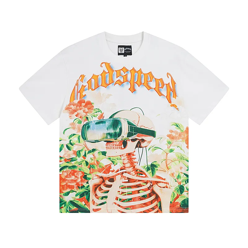 3009# P110 Real shot Godspeed American fashion rock street retro loose printed cotton short sleeves Fabric: 240g 32 count fine cotton double yarn pure cotton Color: off-white Size: S M L XL