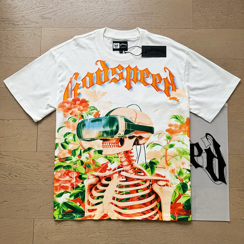 3009# P110 Real shot Godspeed American fashion rock street retro loose printed cotton short sleeves Fabric: 240g 32 count fine cotton double yarn pure cotton Color: off-white Size: S M L XL