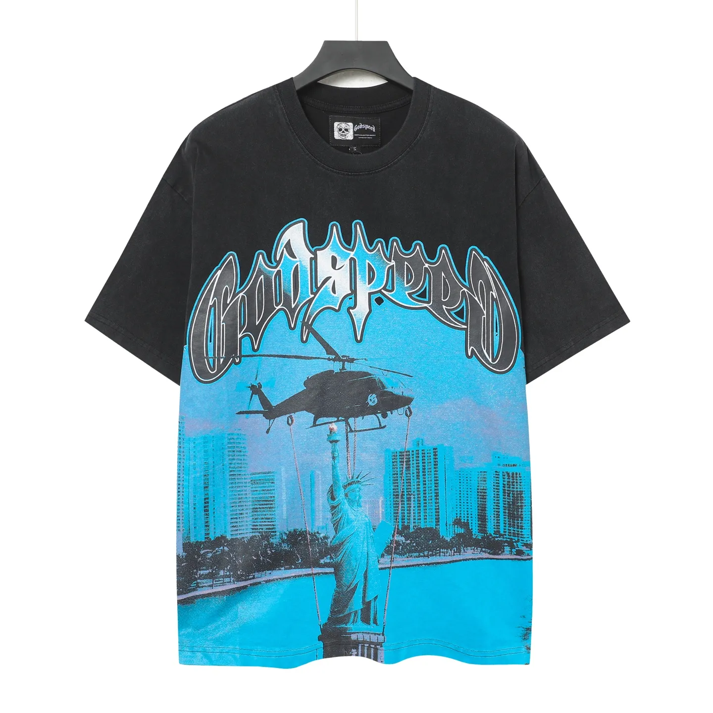 6085# washed black｜P116 Godspeed cross-border American rock and roll street washed retro style short-sleeved T (craft printing) fabric (fabric): 32 count combed double yarn 250 grams weight code (size): S-M-L-XL color (colour): washed black 👉 👉