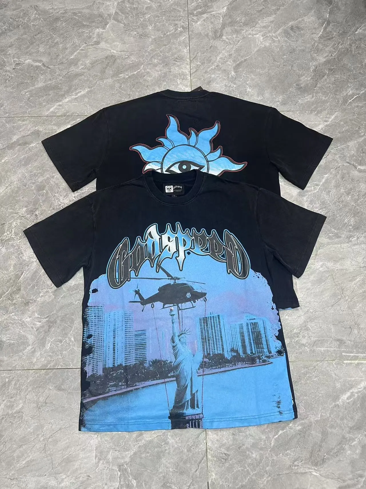 6085# washed black｜P116 Godspeed cross-border American rock and roll street washed retro style short-sleeved T (craft printing) fabric (fabric): 32 count combed double yarn 250 grams weight code (size): S-M-L-XL color (colour): washed black 👉 👉