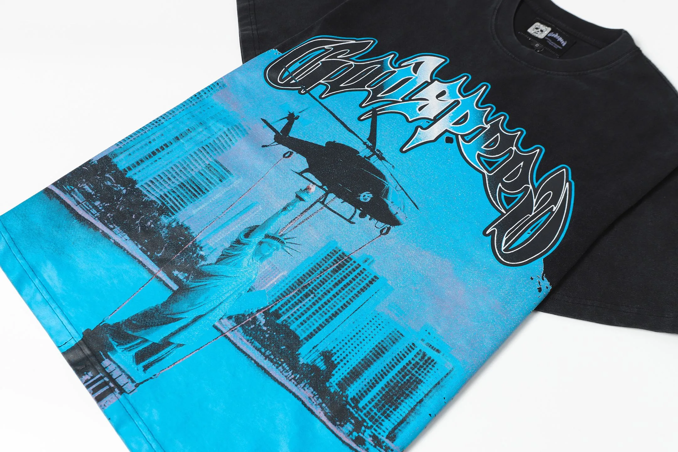 6085# washed black｜P116 Godspeed cross-border American rock and roll street washed retro style short-sleeved T (craft printing) fabric (fabric): 32 count combed double yarn 250 grams weight code (size): S-M-L-XL color (colour): washed black 👉 👉